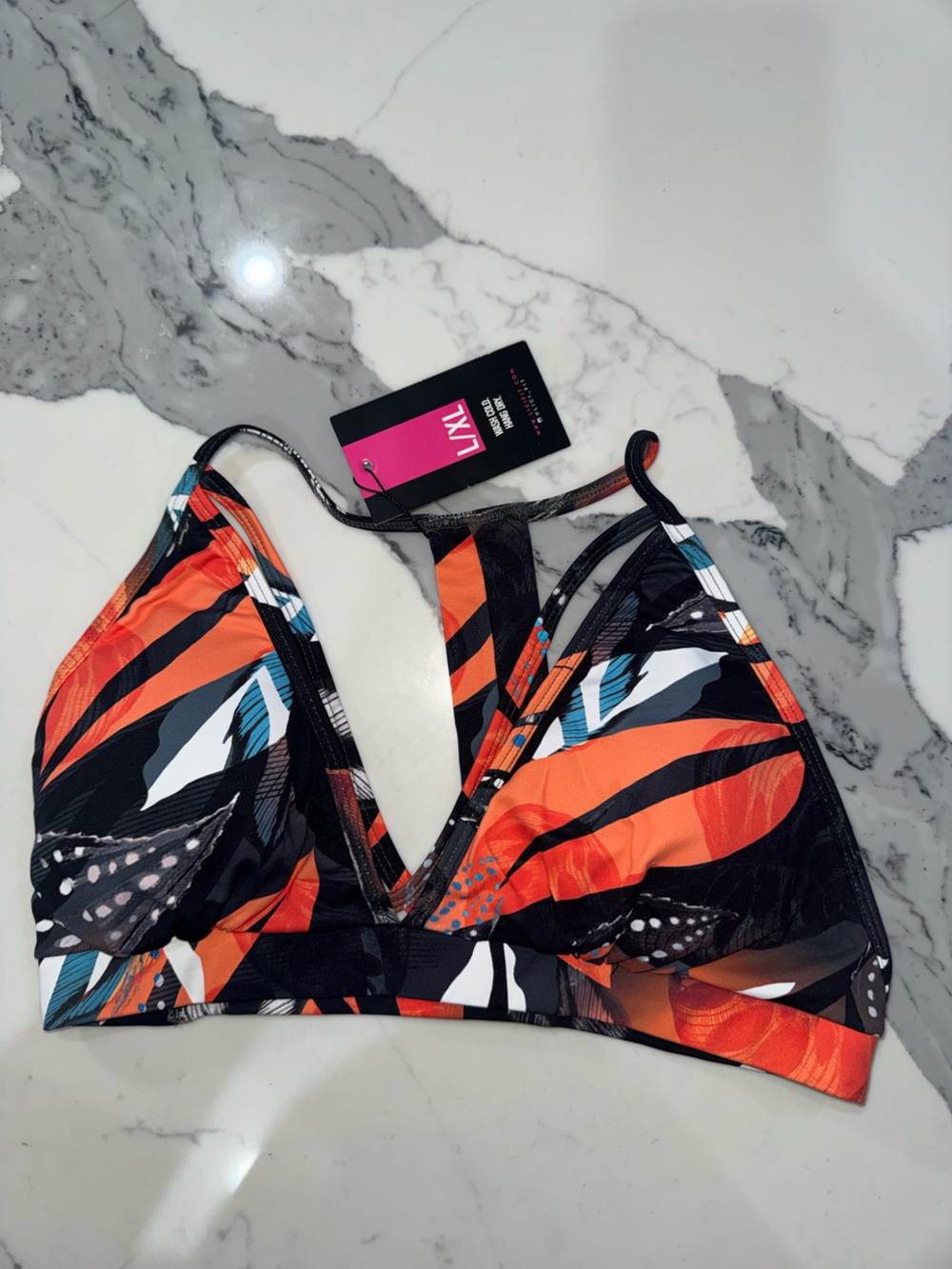 Bold Orange & Black Tropical Print Bikini Top - L/XL